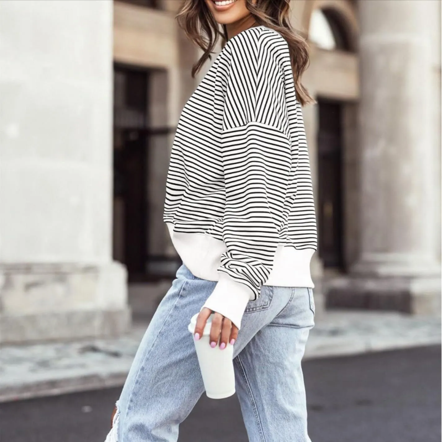 MOLERFO Y2k Striped Sweater Sweatshirts No Hood Cute Pullover Fall Sweatshirt 2024 Oversized Crewneck Sweatshirt Women