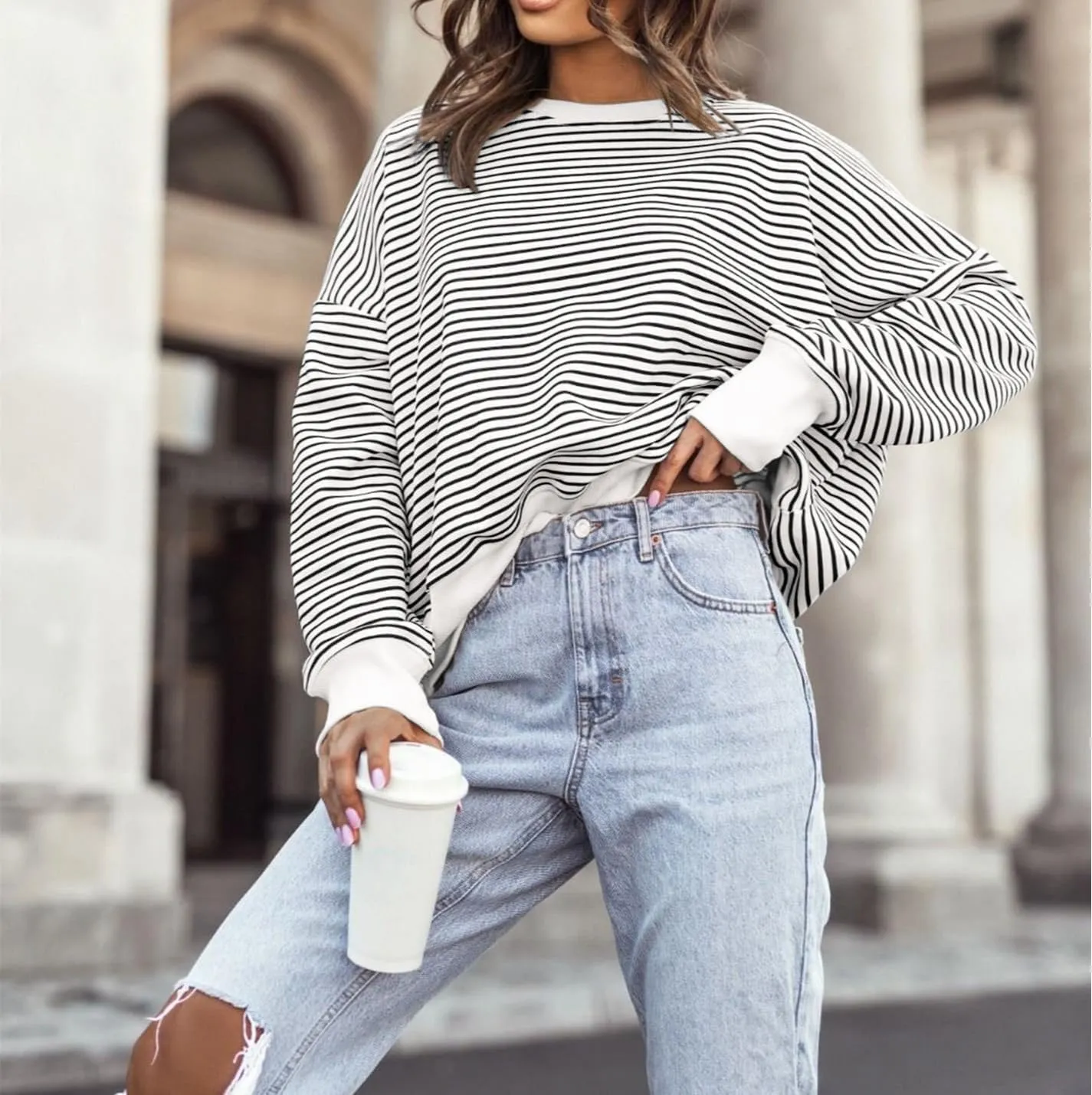 MOLERFO Y2k Striped Sweater Sweatshirts No Hood Cute Pullover Fall Sweatshirt 2024 Oversized Crewneck Sweatshirt Women