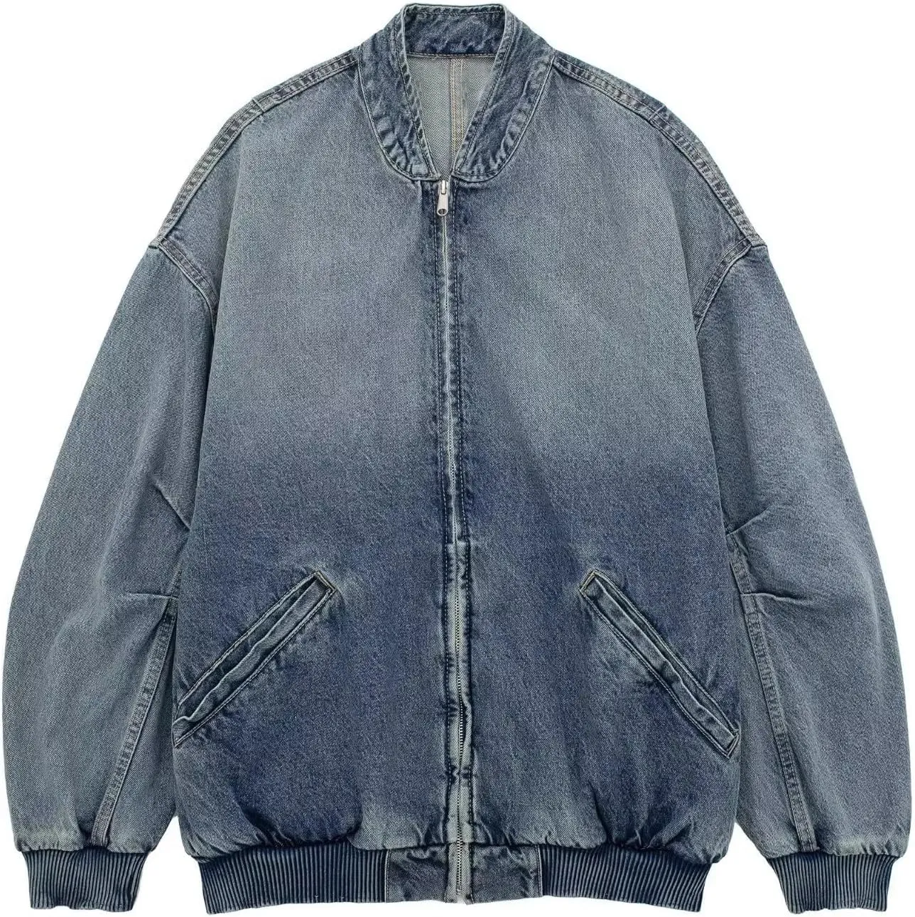 Molilove Women's Oversized Denim Bomber Jacket Vinatge Varsity Jacket Boyfriend Zipper Jean Jacket Moto Biker Jacket