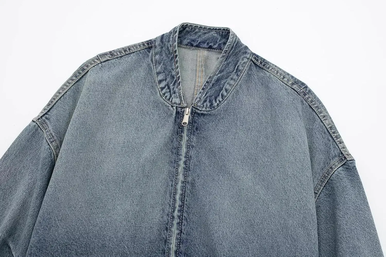 Molilove Women's Oversized Denim Bomber Jacket Vinatge Varsity Jacket Boyfriend Zipper Jean Jacket Moto Biker Jacket