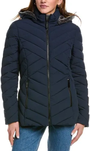 Nautica Women's Short Stretch Lightweight Puffer Jacket with Removeable Hood