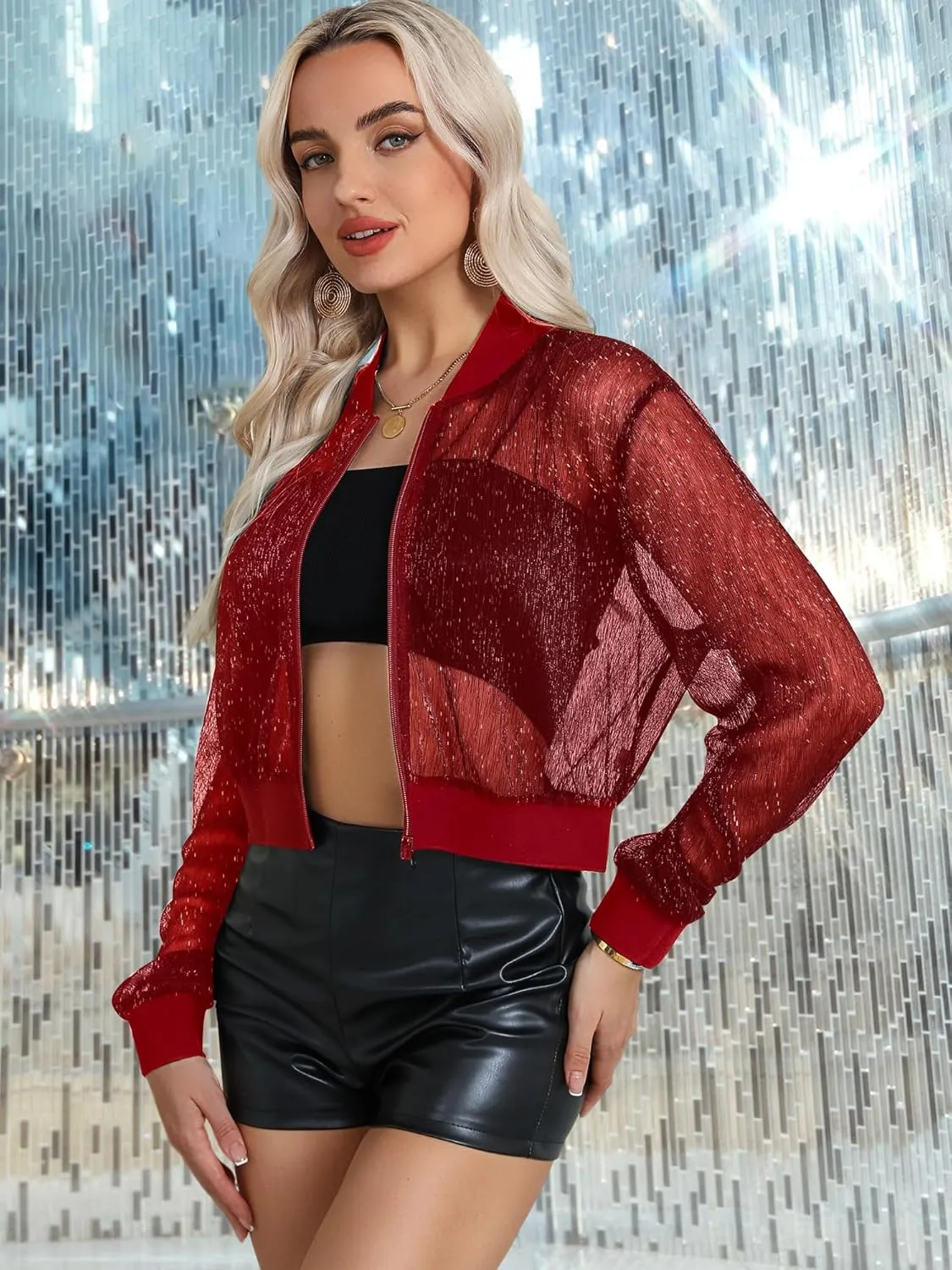 Nlife Women Sheer Mesh Sparkly Bomber Jackets See Thru Glitter Shiny Rave Lightweight Zip Up Crop Jacket Outwear