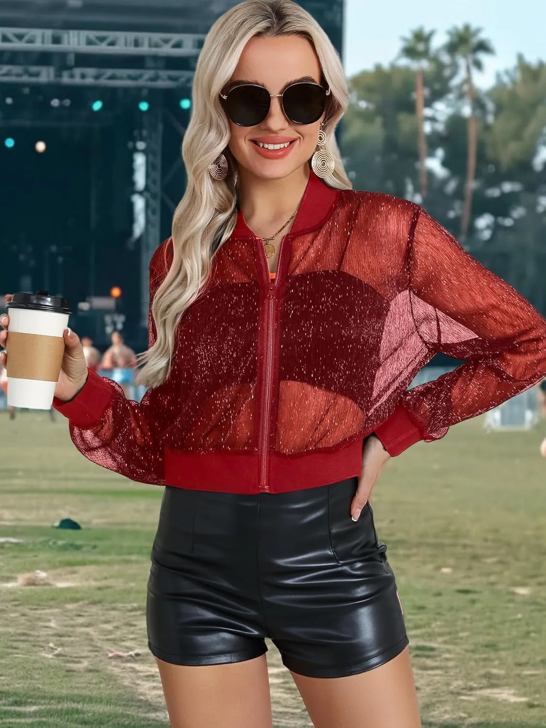 Nlife Women Sheer Mesh Sparkly Bomber Jackets See Thru Glitter Shiny Rave Lightweight Zip Up Crop Jacket Outwear