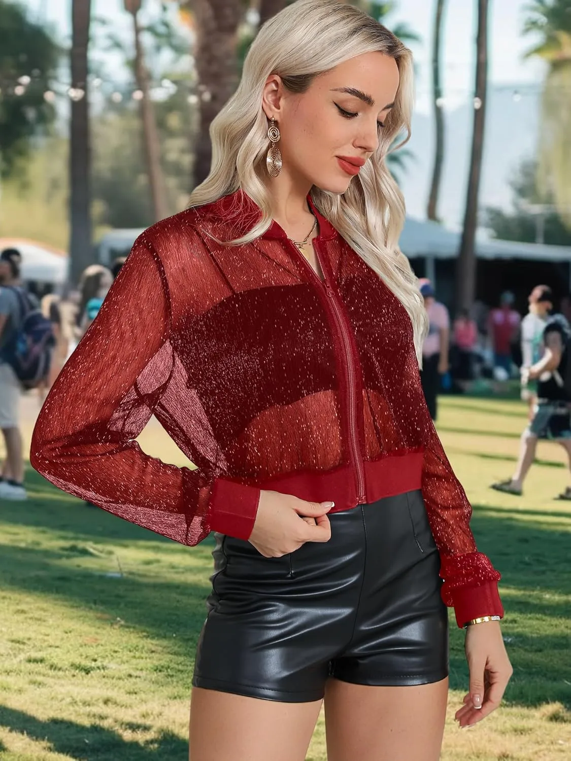 Nlife Women Sheer Mesh Sparkly Bomber Jackets See Thru Glitter Shiny Rave Lightweight Zip Up Crop Jacket Outwear