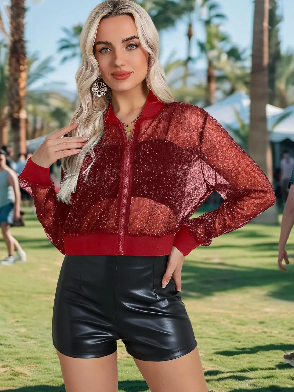 Nlife Women Sheer Mesh Sparkly Bomber Jackets See Thru Glitter Shiny Rave Lightweight Zip Up Crop Jacket Outwear