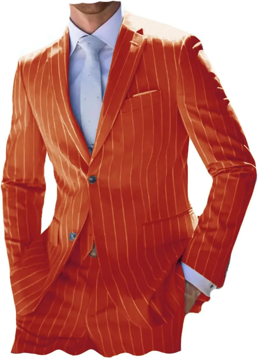 ORBITRAY Men's Pinstripe Suits 2 Pieces Notch Lapel Regular Fit Tuxedos Groomsmen for Wedding (Blazer Pants)