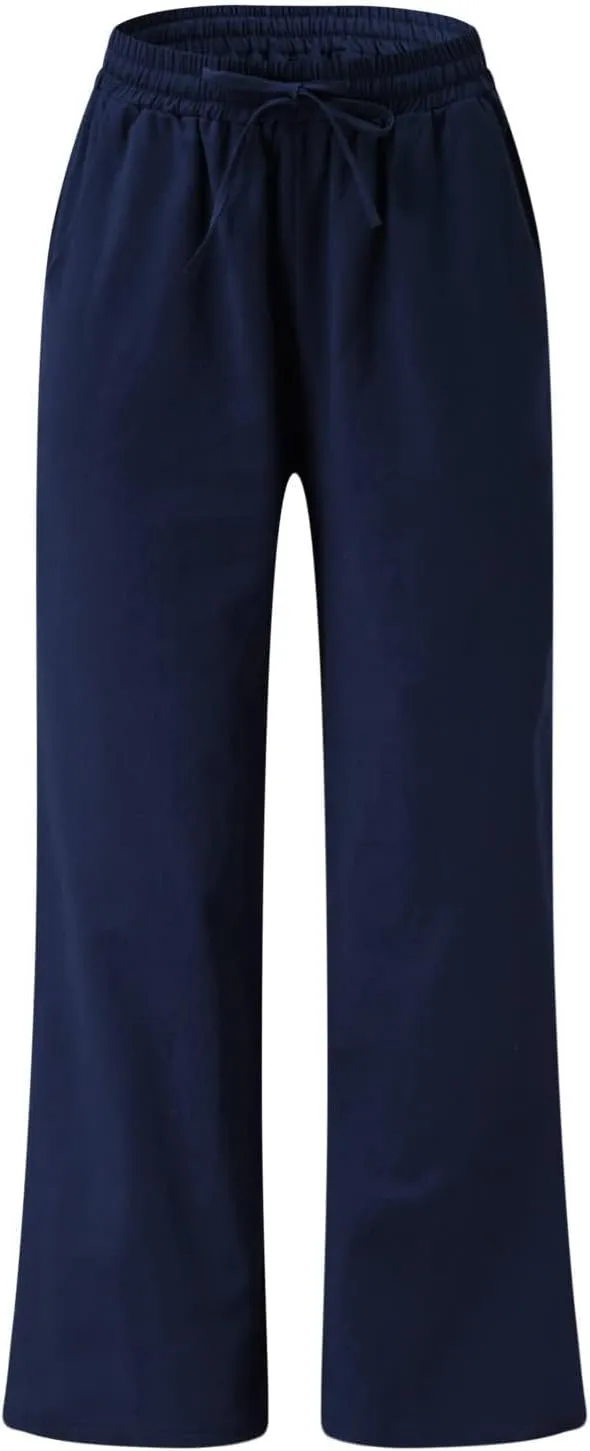 PANOEGSN Wide Leg Pants for Women Cotton Linen Casual Trousers High Rise Elastic Waist Sweatpants Comfort Loose Palazzo Pants