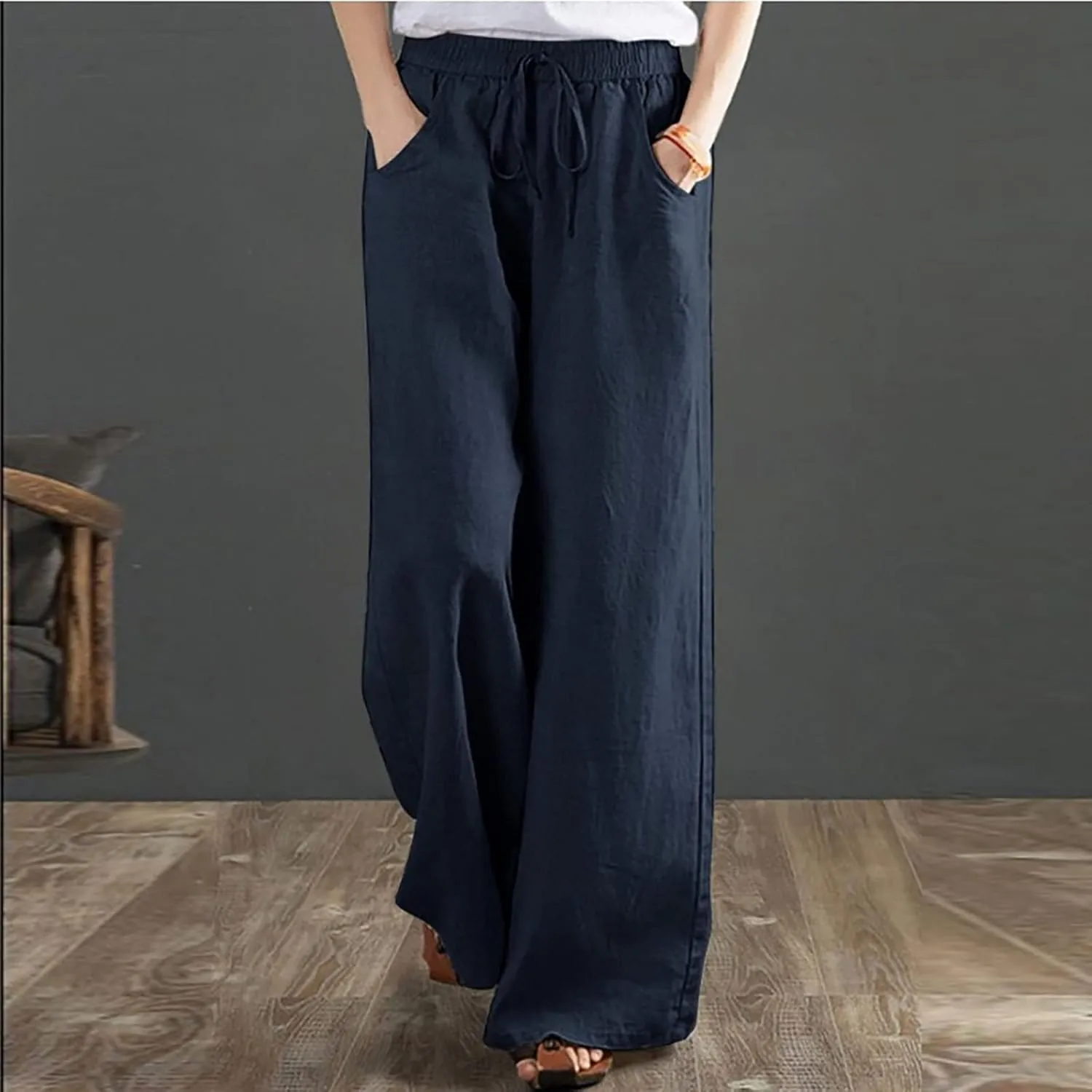PANOEGSN Wide Leg Pants for Women Cotton Linen Casual Trousers High Rise Elastic Waist Sweatpants Comfort Loose Palazzo Pants