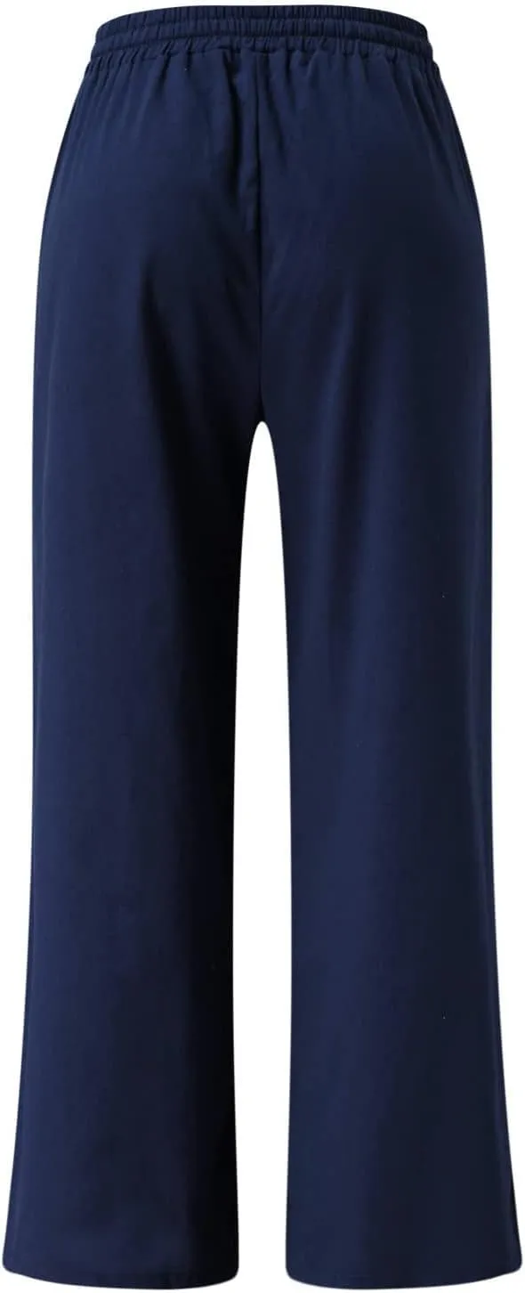PANOEGSN Wide Leg Pants for Women Cotton Linen Casual Trousers High Rise Elastic Waist Sweatpants Comfort Loose Palazzo Pants