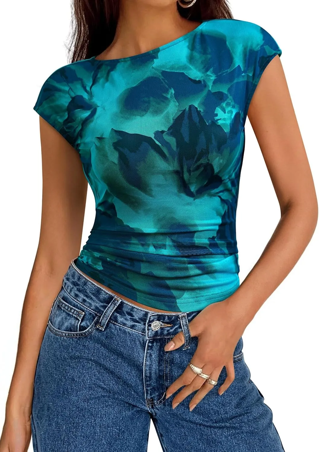 PRETTYGARDEN Women's Summer Floral Mesh Tank Tops 2025 Trendy Casual Cap Sleeve Slim Fitted Blouse Shirt Going Out Outfits