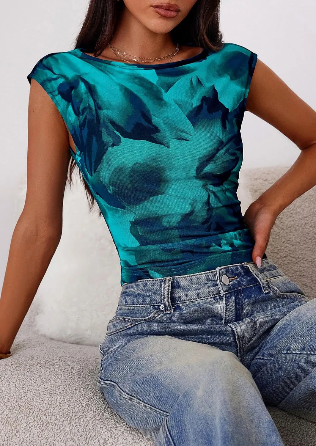 PRETTYGARDEN Women's Summer Floral Mesh Tank Tops 2025 Trendy Casual Cap Sleeve Slim Fitted Blouse Shirt Going Out Outfits