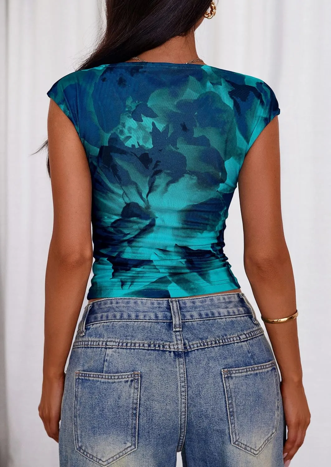 PRETTYGARDEN Women's Summer Floral Mesh Tank Tops 2025 Trendy Casual Cap Sleeve Slim Fitted Blouse Shirt Going Out Outfits
