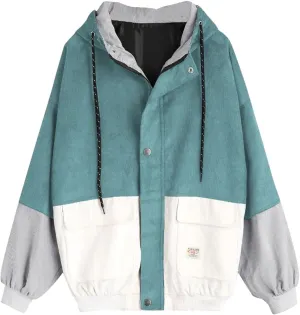 PTOLOCIF Womens Hoodies Jackets Colorblock Patchwork Coats Button up Oversized Jackets Drawstring Hooded Outwear with Pockets
