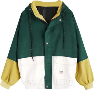 PTOLOCIF Womens Hoodies Jackets Colorblock Patchwork Coats Button up Oversized Jackets Drawstring Hooded Outwear with Pockets