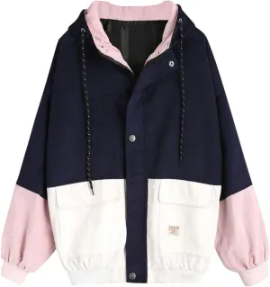 PTOLOCIF Womens Hoodies Jackets Colorblock Patchwork Coats Button up Oversized Jackets Drawstring Hooded Outwear with Pockets