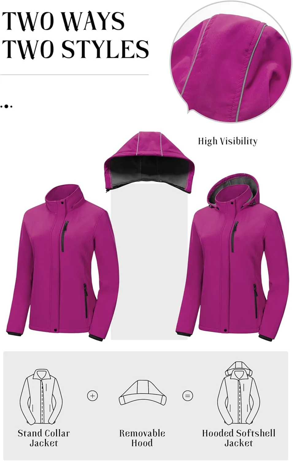 Pursky Women's Softshell Jacket Lightweight Fleece Lined Rain Jacket Waterproof Warm Windbreaker Coat With Removable Hood