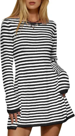 PUWEI Womens Knit Mini Dresses Spring Summer Striped Sweater Dresses Casual Long Sleeve Crewneck Backless Dress