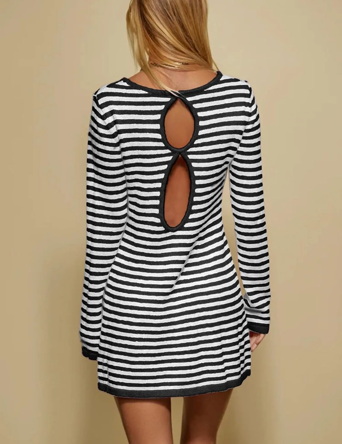 PUWEI Womens Knit Mini Dresses Spring Summer Striped Sweater Dresses Casual Long Sleeve Crewneck Backless Dress