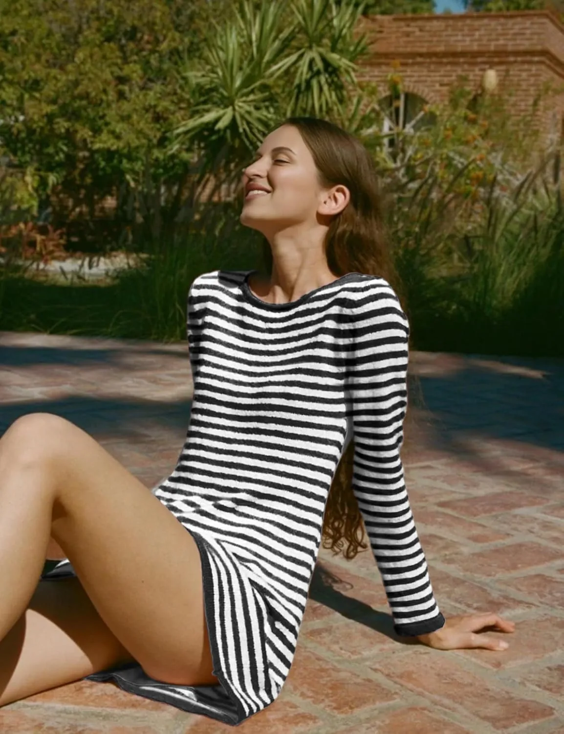 PUWEI Womens Knit Mini Dresses Spring Summer Striped Sweater Dresses Casual Long Sleeve Crewneck Backless Dress