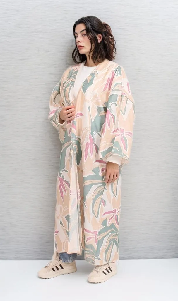 R206069 - Printed Linen Look Kimono - Beige & Green Floral