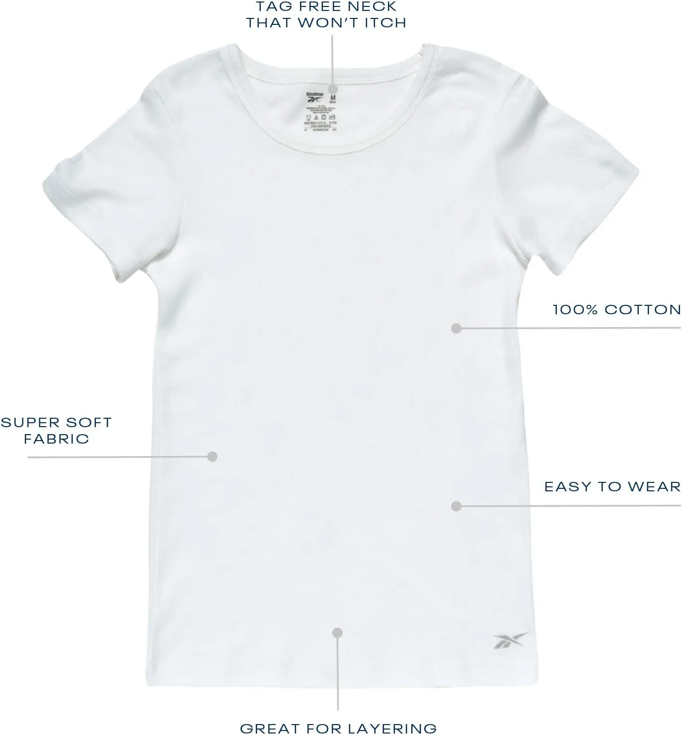 Reebok Girls' Undershirt - 3 Pack/6 Pack 100% Cotton No Show Short Sleeve Crew Neck White Shirt for Girls (Sizes: 2T-16)