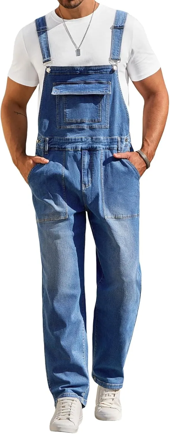 Runcati Men's Denim Bib Overalls Jeans Casual Slim Fit Adjustable Straps Fashion Trousers Boot Cut Jumpsuit