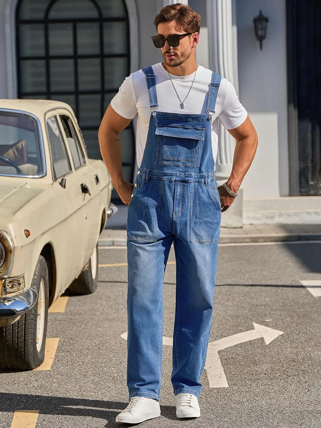 Runcati Men's Denim Bib Overalls Jeans Casual Slim Fit Adjustable Straps Fashion Trousers Boot Cut Jumpsuit