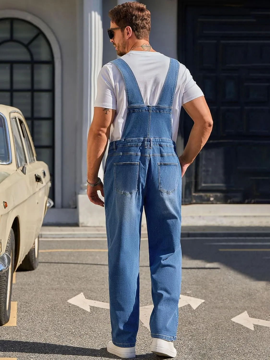 Runcati Men's Denim Bib Overalls Jeans Casual Slim Fit Adjustable Straps Fashion Trousers Boot Cut Jumpsuit