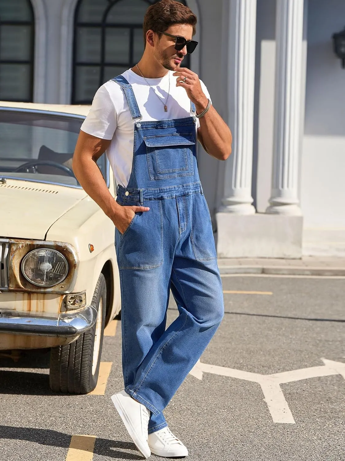 Runcati Men's Denim Bib Overalls Jeans Casual Slim Fit Adjustable Straps Fashion Trousers Boot Cut Jumpsuit