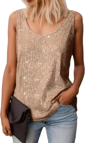 Sequin Sleeveless Tank Tops for Women, Scoop Neck Womens Silver Sparkly top