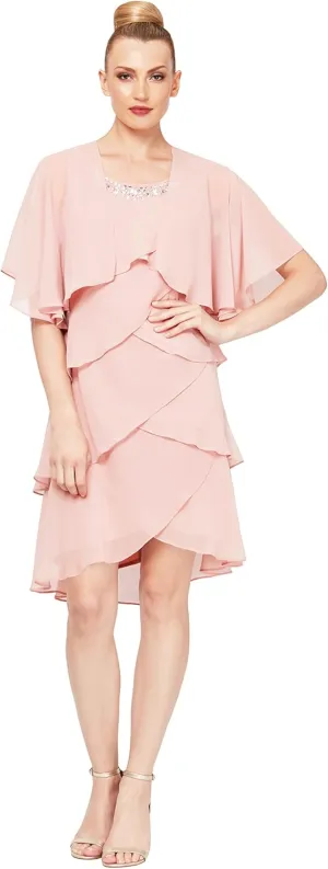 S.L. Fashions Women's Chiffon Tier Jacket Dress with Bead Neck