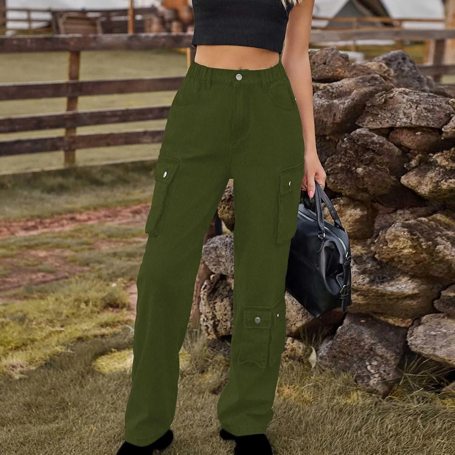 SMIDOW High Waist Denim Cargo Pants for Women Casual Baggy Straight Wide Leg Pants Trendy Y2K Streetwear Jeans