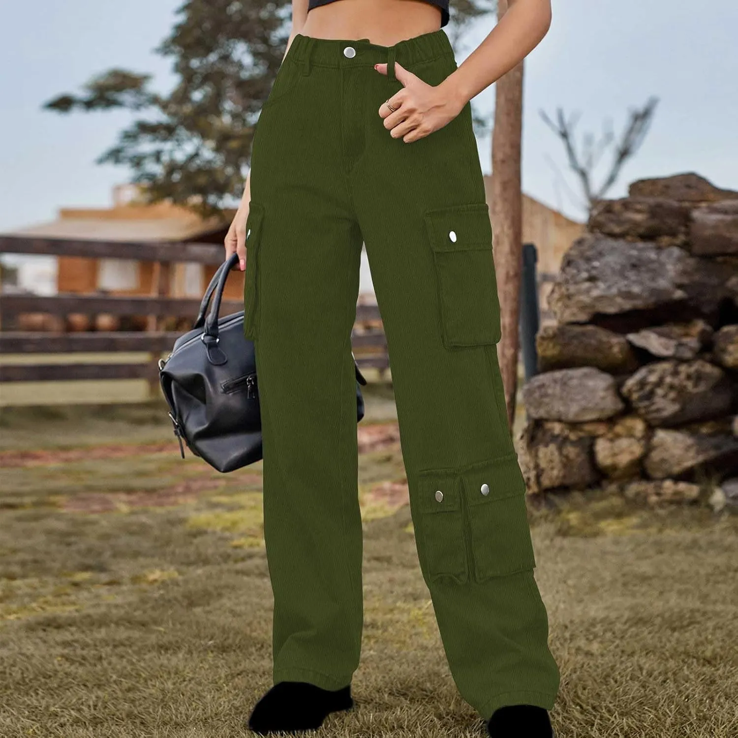SMIDOW High Waist Denim Cargo Pants for Women Casual Baggy Straight Wide Leg Pants Trendy Y2K Streetwear Jeans