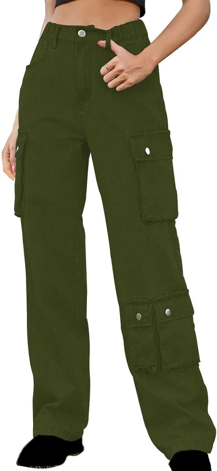 SMIDOW High Waist Denim Cargo Pants for Women Casual Baggy Straight Wide Leg Pants Trendy Y2K Streetwear Jeans