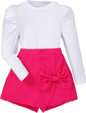 SOLY HUX Girl's 2 Piece Outfits Puff Long Sleeve Tee and Bow Front Skort Shorts Set