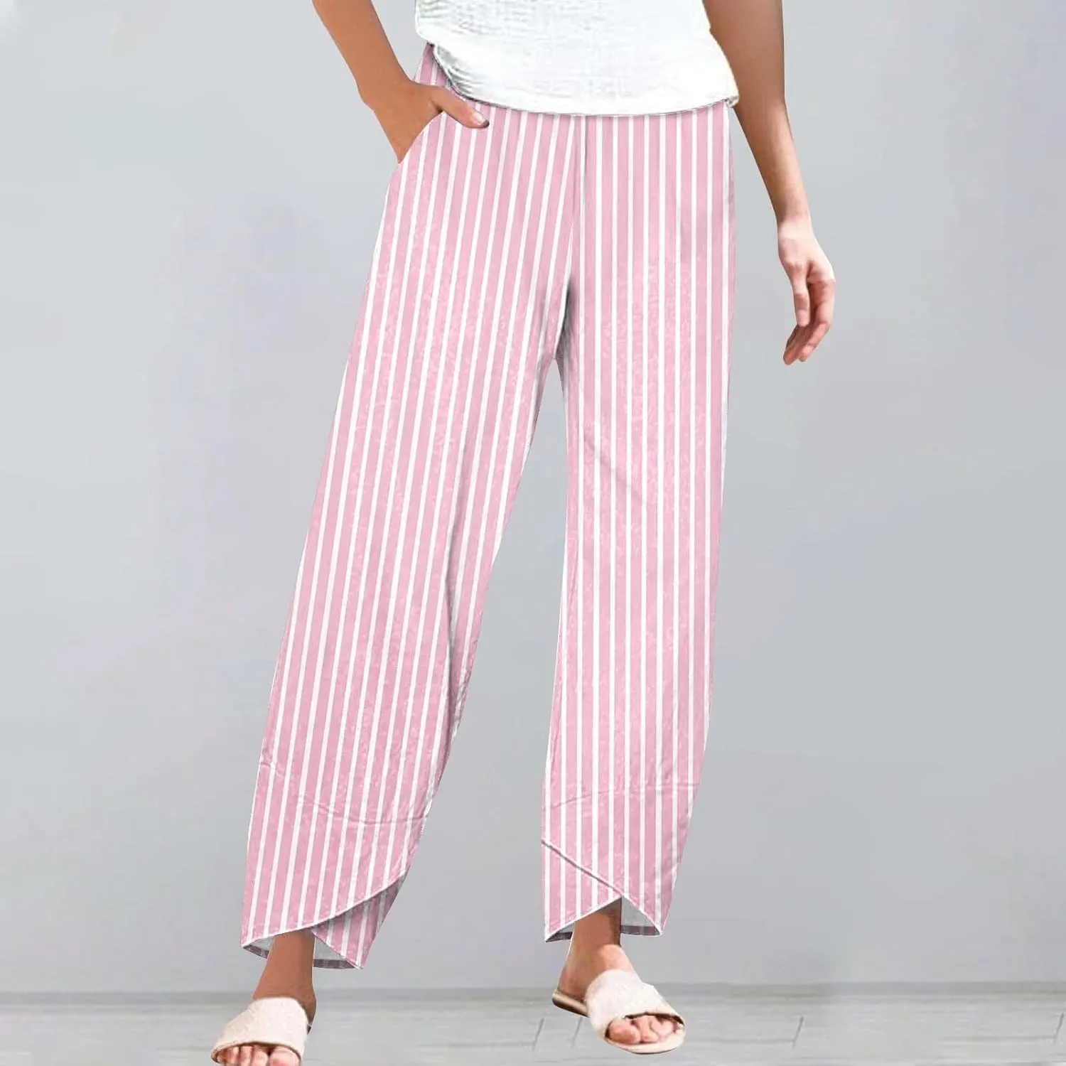 Striped Linen Pants Women 2025 Plus Size Wide Leg Cropped Pants Summer High Waist Lightweight Trousers with Pockets