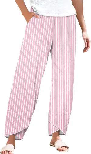 Striped Linen Pants Women 2025 Plus Size Wide Leg Cropped Pants Summer High Waist Lightweight Trousers with Pockets