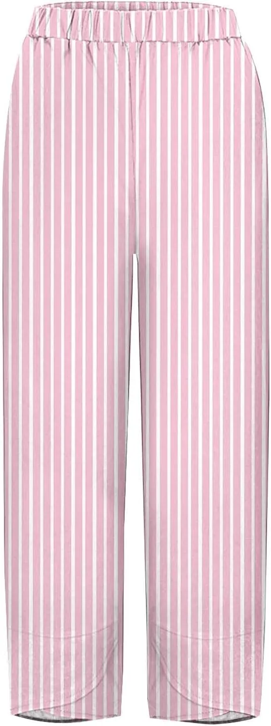 Striped Linen Pants Women 2025 Plus Size Wide Leg Cropped Pants Summer High Waist Lightweight Trousers with Pockets