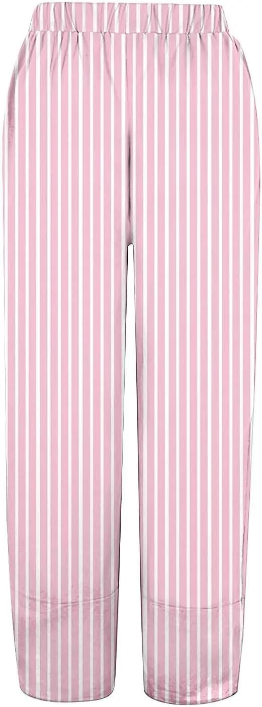 Striped Linen Pants Women 2025 Plus Size Wide Leg Cropped Pants Summer High Waist Lightweight Trousers with Pockets