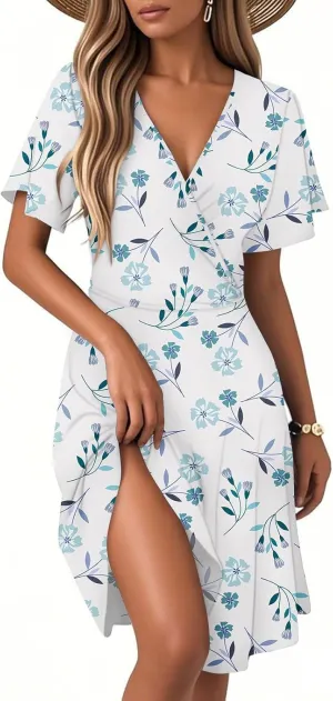 Summer Dresses for Women 2025 Wrap V Neck Floral Printed Sundresses Flowy Dress Short Sleeve Beach Vacation Dress