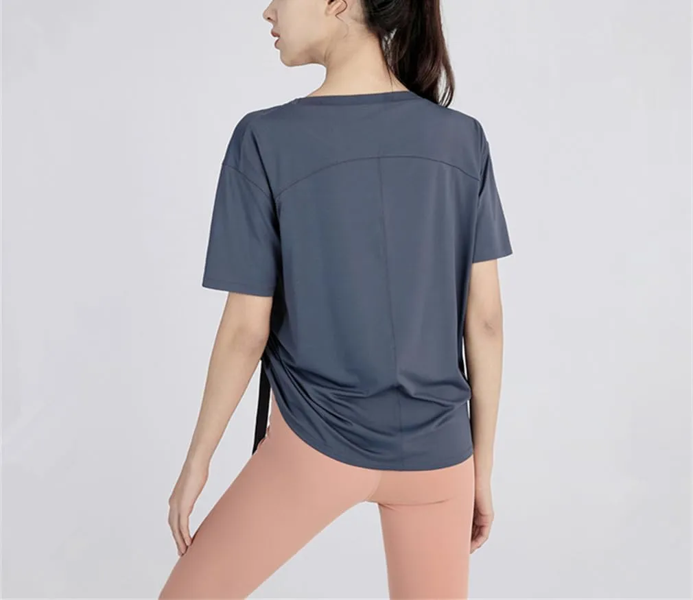 Summer Women Loose Yoga Shirts Short Sleeves Sport T-Shirts Bandage Running Shirt Girls Quick Dry Gym Fitness Tee Tops Sportw