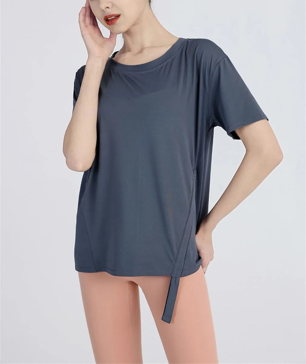 Summer Women Loose Yoga Shirts Short Sleeves Sport T-Shirts Bandage Running Shirt Girls Quick Dry Gym Fitness Tee Tops Sportw