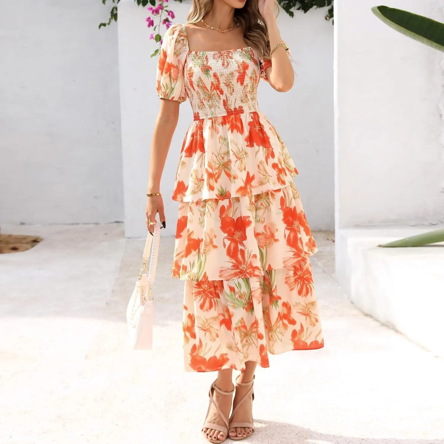 Sundresses for Women 2025 Casual Loose Trendy Short Sleeve Square Neck Floral Print Vacation Boho Maxi Dress, S-2XL