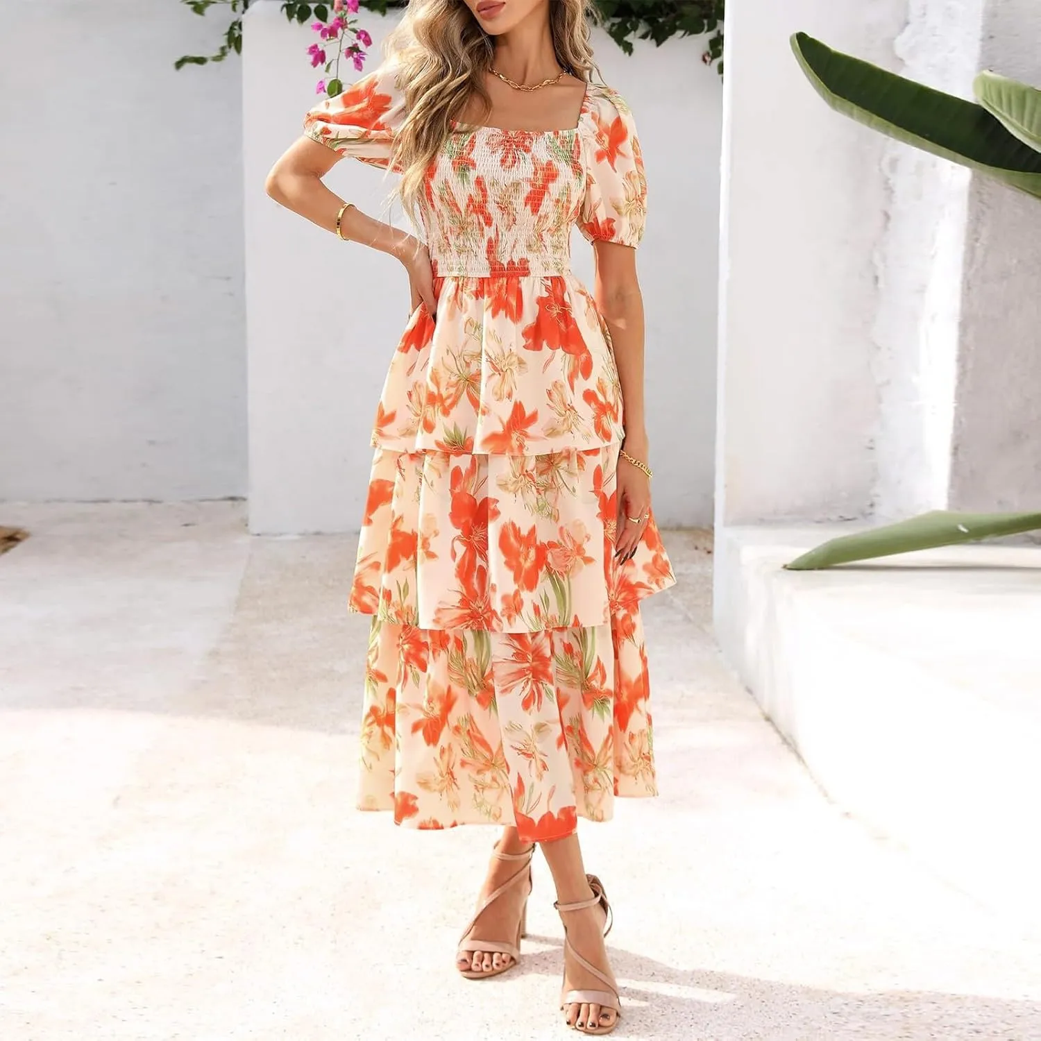 Sundresses for Women 2025 Casual Loose Trendy Short Sleeve Square Neck Floral Print Vacation Boho Maxi Dress, S-2XL