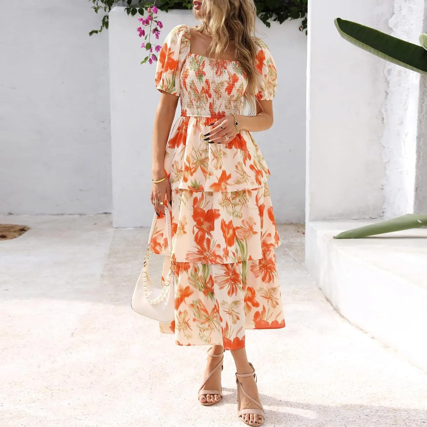 Sundresses for Women 2025 Casual Loose Trendy Short Sleeve Square Neck Floral Print Vacation Boho Maxi Dress, S-2XL