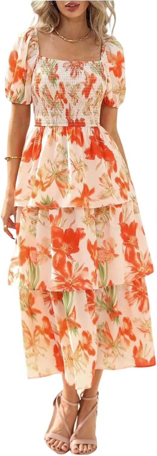 Sundresses for Women 2025 Casual Loose Trendy Short Sleeve Square Neck Floral Print Vacation Boho Maxi Dress, S-2XL