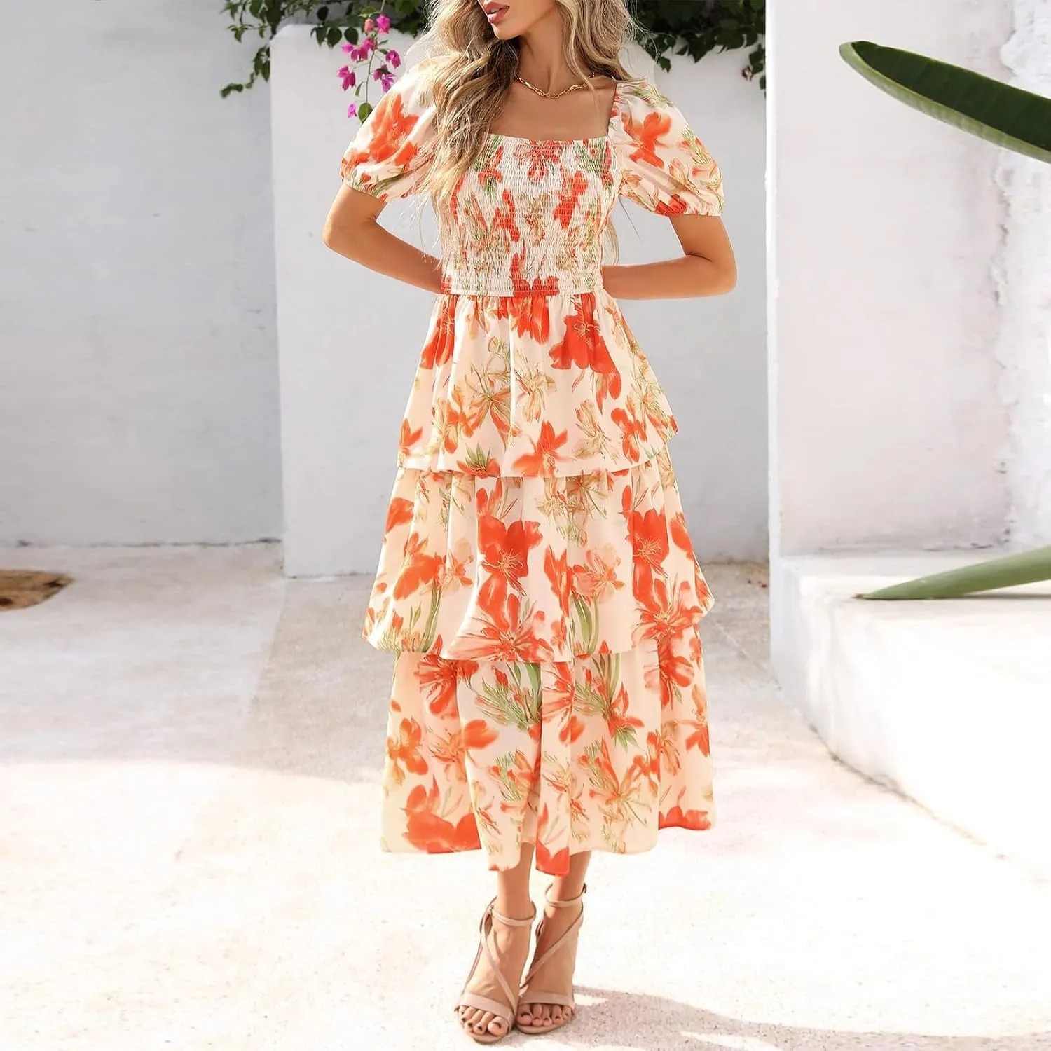 Sundresses for Women 2025 Casual Loose Trendy Short Sleeve Square Neck Floral Print Vacation Boho Maxi Dress, S-2XL