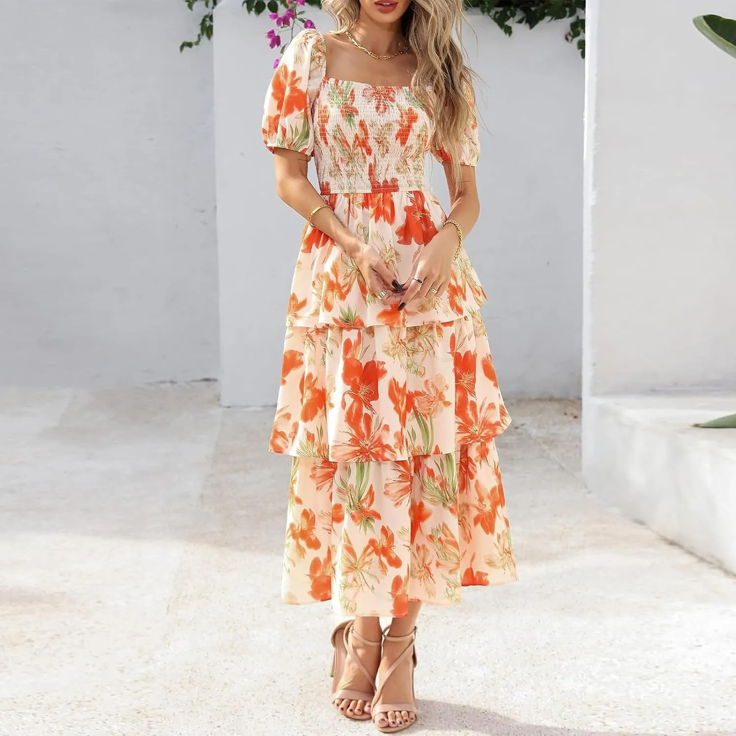 Sundresses for Women 2025 Casual Loose Trendy Short Sleeve Square Neck Floral Print Vacation Boho Maxi Dress, S-2XL