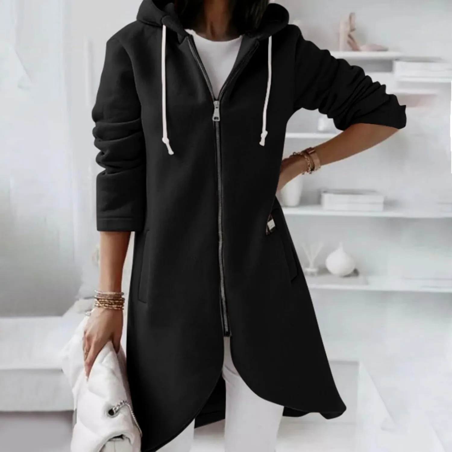 Sweatshirts for Women Zipper Irregular Hem Long Hoodies Fleece Sweatshirts Tunic Causl Jacket Long Sleeve Tops