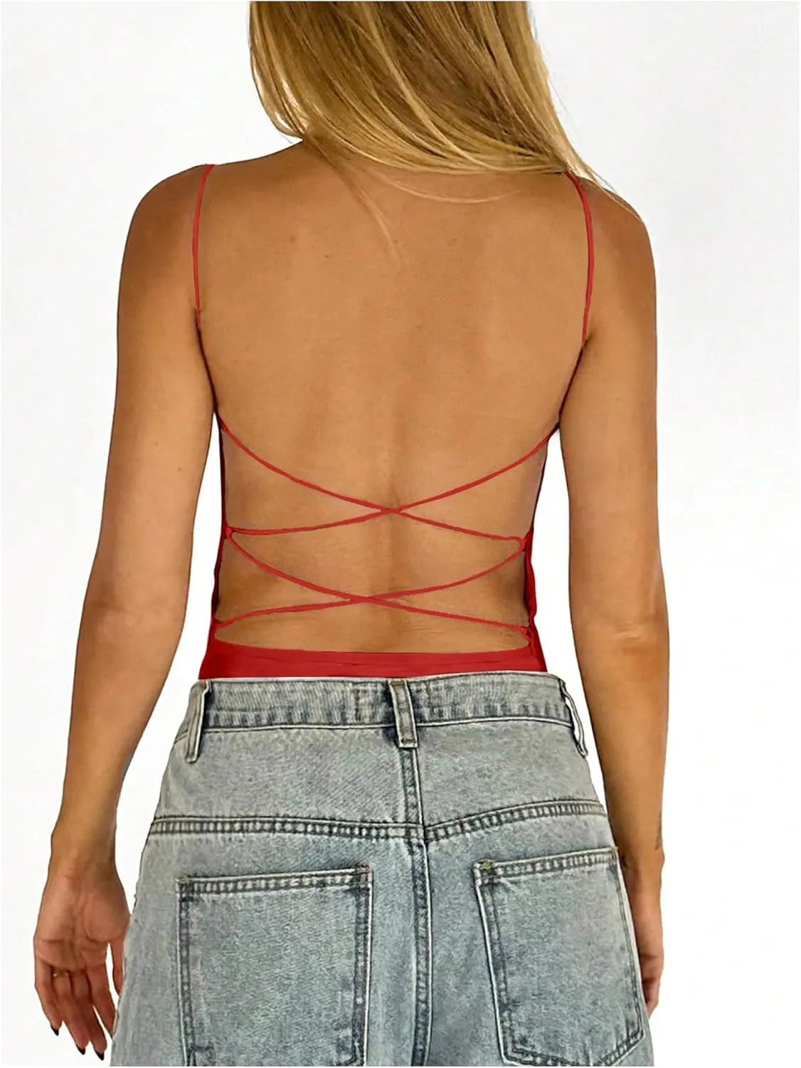SweatyRocks Women's Backless Camisole Tops Criss Cross Fitted Spaghetti Strap Tank Top